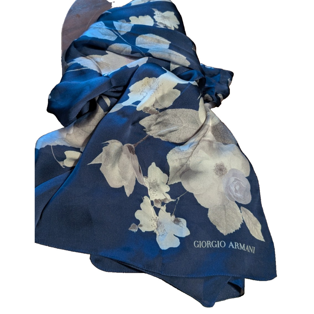 Giorgio‎ Armani Silk Scarf Floral Navy Blue Signature 72 x 24 EUC